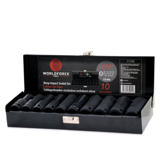 Lokma Seti Uzun 10 parça 1/2'' 6 Köşe (10,12- 15, 17, 19, 21, 22, 24mm) Metal Kutu Lokma Seti Uzun 10 parça 1/2'' 6 Köşe (10,12- 15, 17, 19, 21, 22, 24mm) Metal Kutu